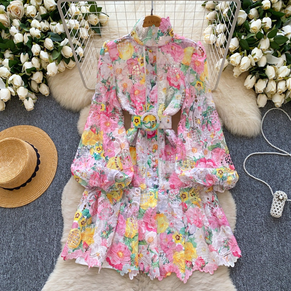 CM-DY035674 Women Elegant European Style Stand Collar Lantern Sleeve Hollow Pinched Waist Dress