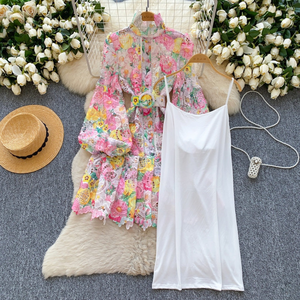 CM-DY035674 Women Elegant European Style Stand Collar Lantern Sleeve Hollow Pinched Waist Dress