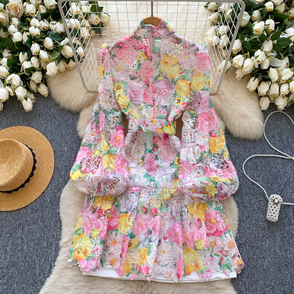 CM-DY035674 Women Elegant European Style Stand Collar Lantern Sleeve Hollow Pinched Waist Dress
