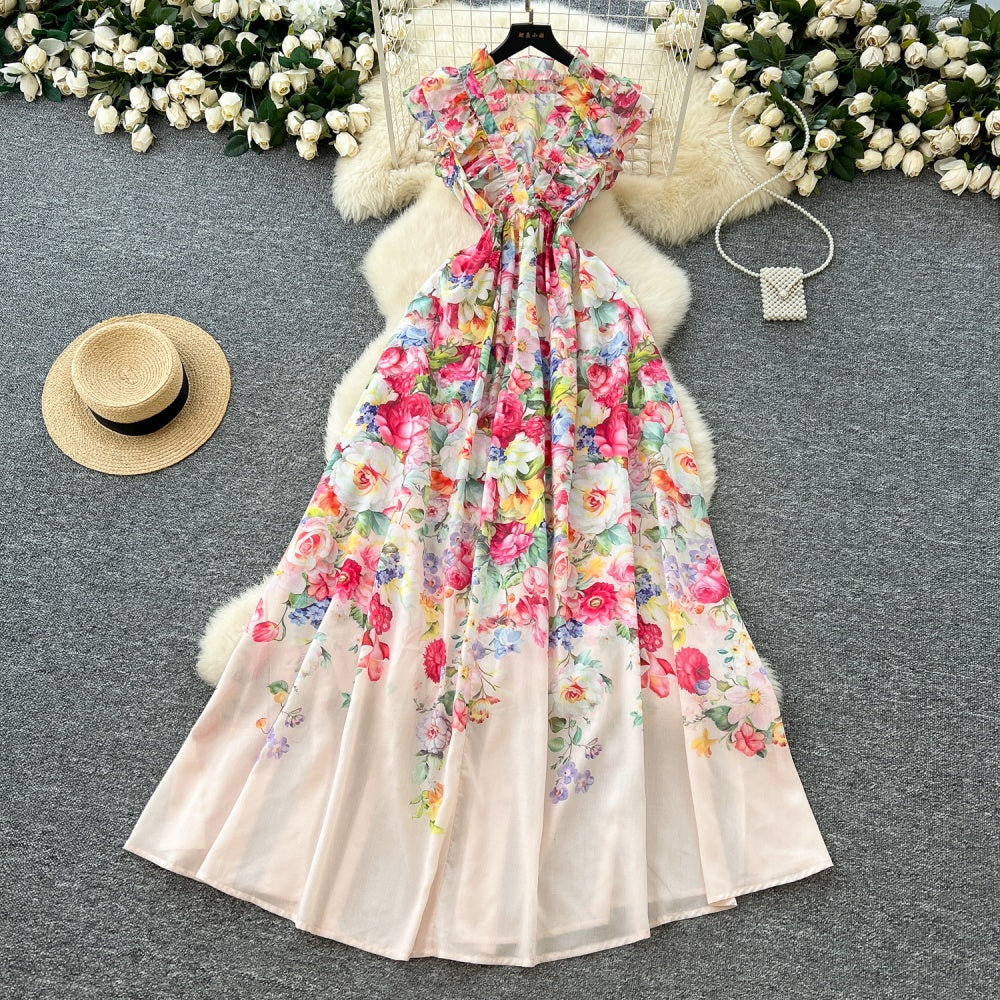 CM-DY035675 Women Elegant European Style Floral Print V-Neck Sleeveless High Waist Maxi Dress - Apricot