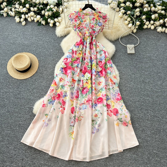 CM-DY035675 Women Elegant European Style Floral Print V-Neck Sleeveless High Waist Maxi Dress - Apricot