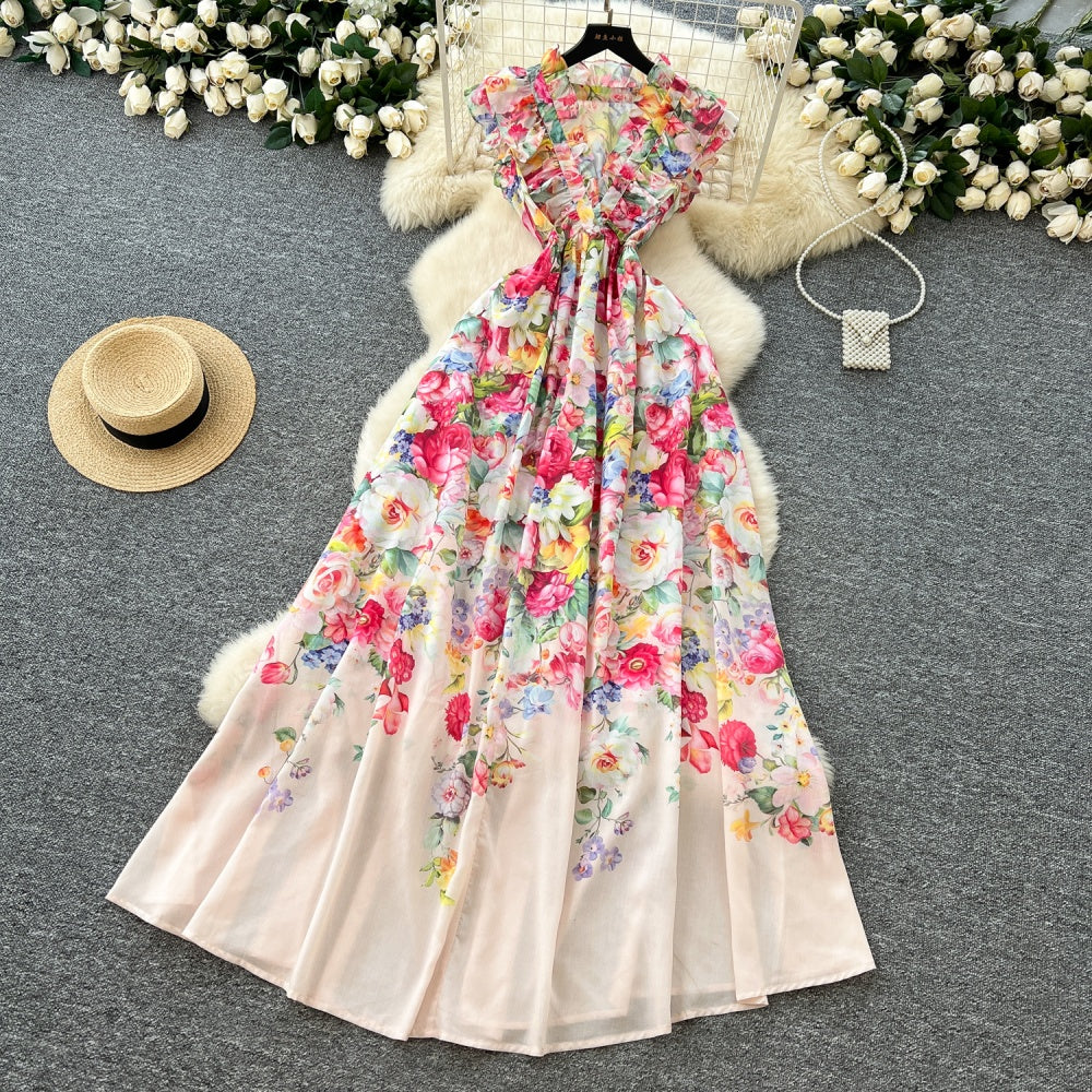 CM-DY035675 Women Elegant European Style Floral Print V-Neck Sleeveless High Waist Maxi Dress - Apricot