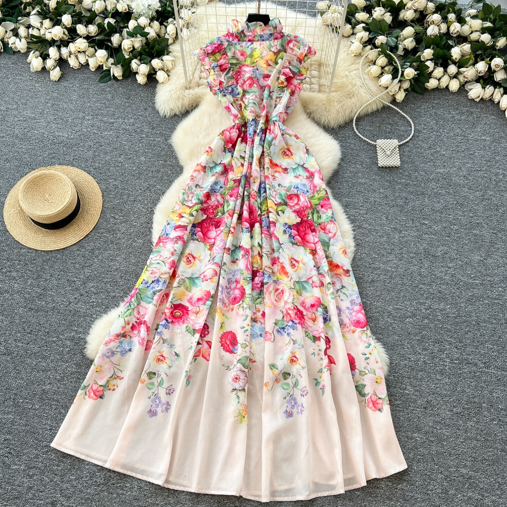 CM-DY035675 Women Elegant European Style Floral Print V-Neck Sleeveless High Waist Maxi Dress - Apricot