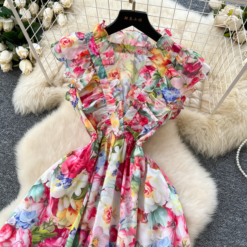 CM-DY035675 Women Elegant European Style Floral Print V-Neck Sleeveless High Waist Maxi Dress - Apricot
