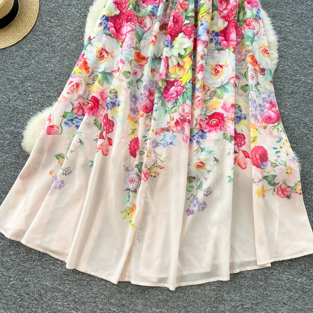 CM-DY035675 Women Elegant European Style Floral Print V-Neck Sleeveless High Waist Maxi Dress - Apricot