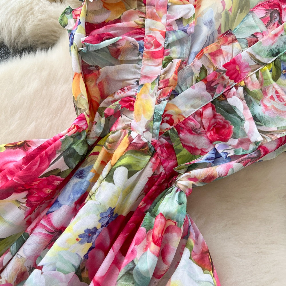 CM-DY035675 Women Elegant European Style Floral Print V-Neck Sleeveless High Waist Maxi Dress - Apricot