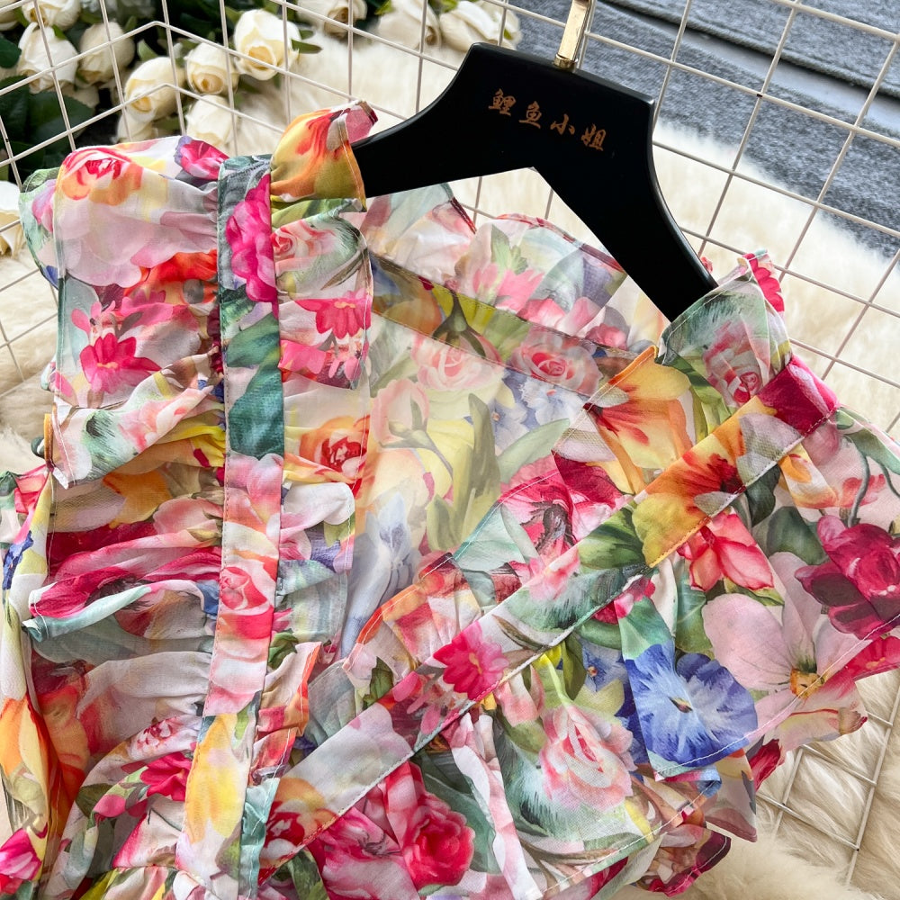 CM-DY035675 Women Elegant European Style Floral Print V-Neck Sleeveless High Waist Maxi Dress - Apricot