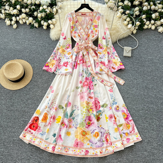 CM-DY035685 Women Elegant European Style V-Neck Long Sleeve Pinched Waist Mid-Length Dress