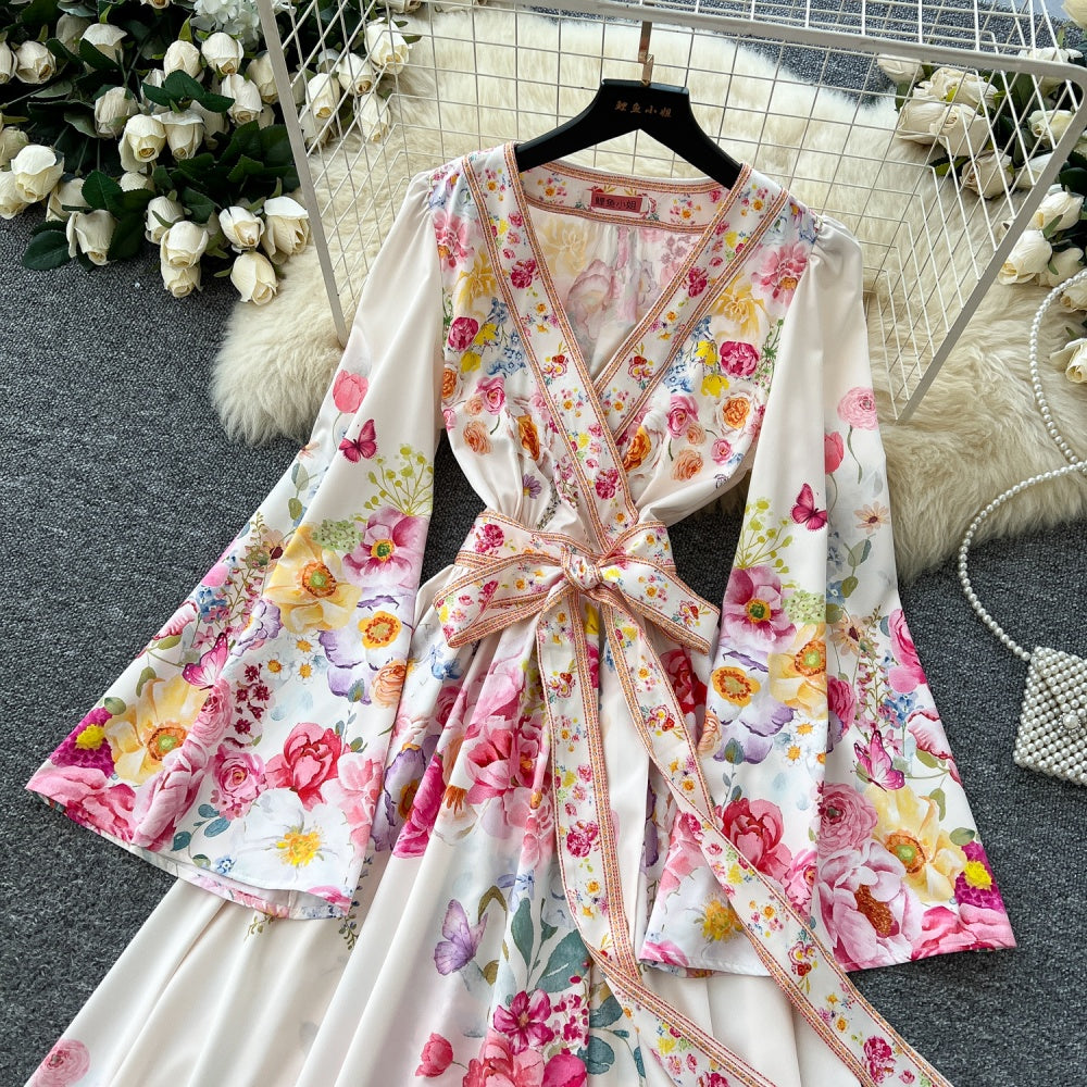 CM-DY035685 Women Elegant European Style V-Neck Long Sleeve Pinched Waist Mid-Length Dress