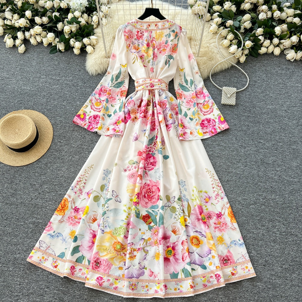 CM-DY035685 Women Elegant European Style V-Neck Long Sleeve Pinched Waist Mid-Length Dress