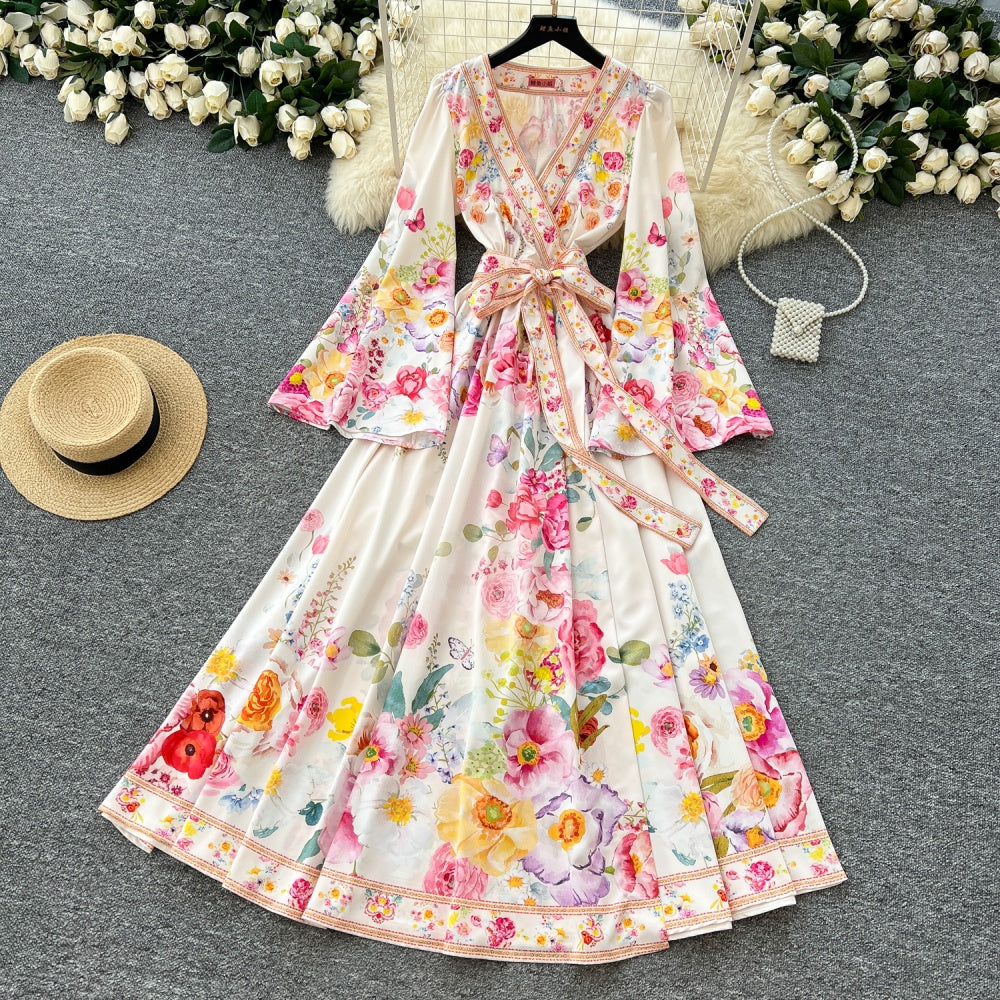 CM-DY035685 Women Elegant European Style V-Neck Long Sleeve Pinched Waist Mid-Length Dress