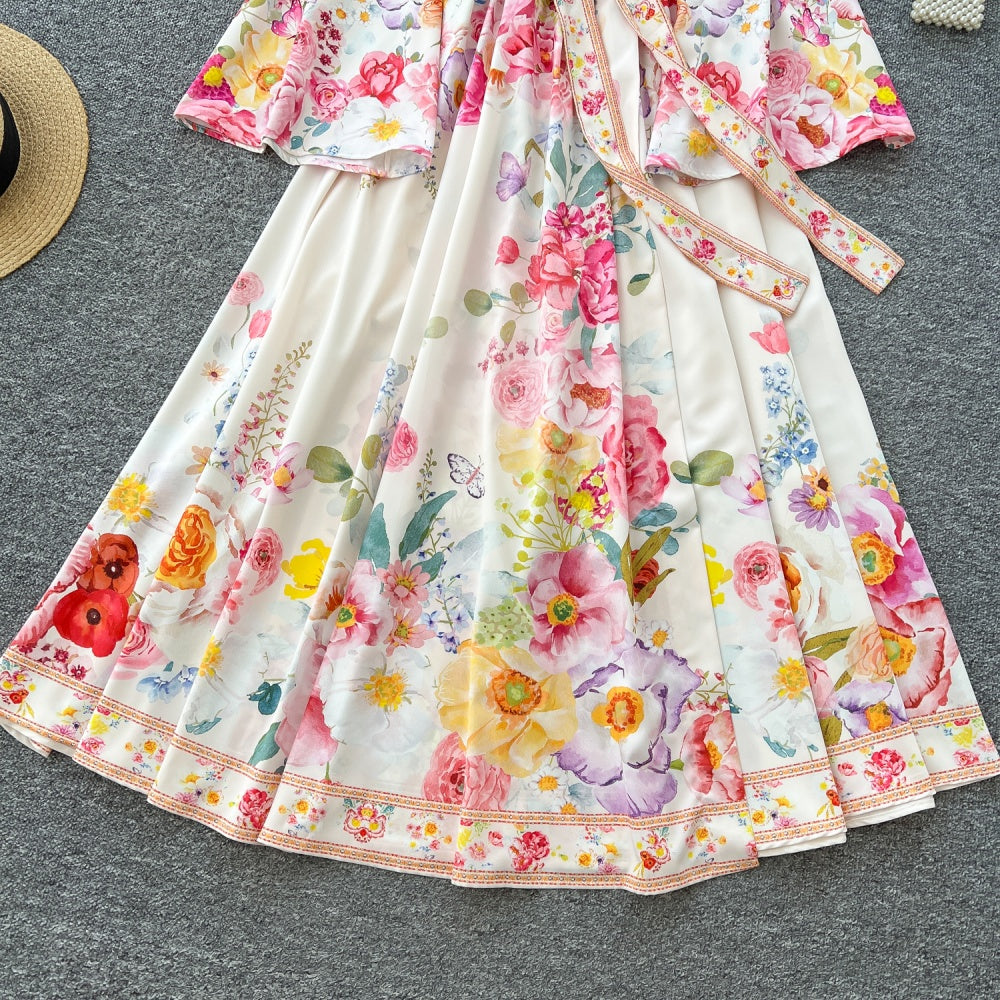 CM-DY035685 Women Elegant European Style V-Neck Long Sleeve Pinched Waist Mid-Length Dress