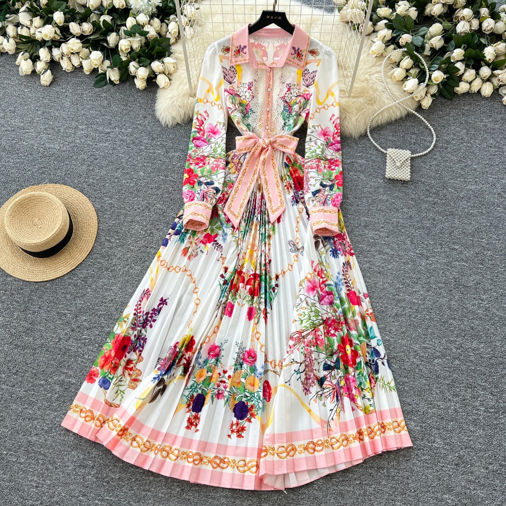 CM-DY035700 Women Elegant European Style Floral Print Lapel Neckline Long Sleeve Slim Dress