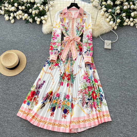 CM-DY035700 Women Elegant European Style Floral Print Lapel Neckline Long Sleeve Slim Dress