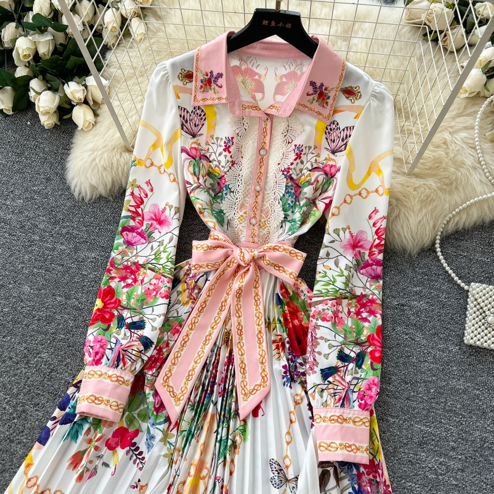 CM-DY035700 Women Elegant European Style Floral Print Lapel Neckline Long Sleeve Slim Dress
