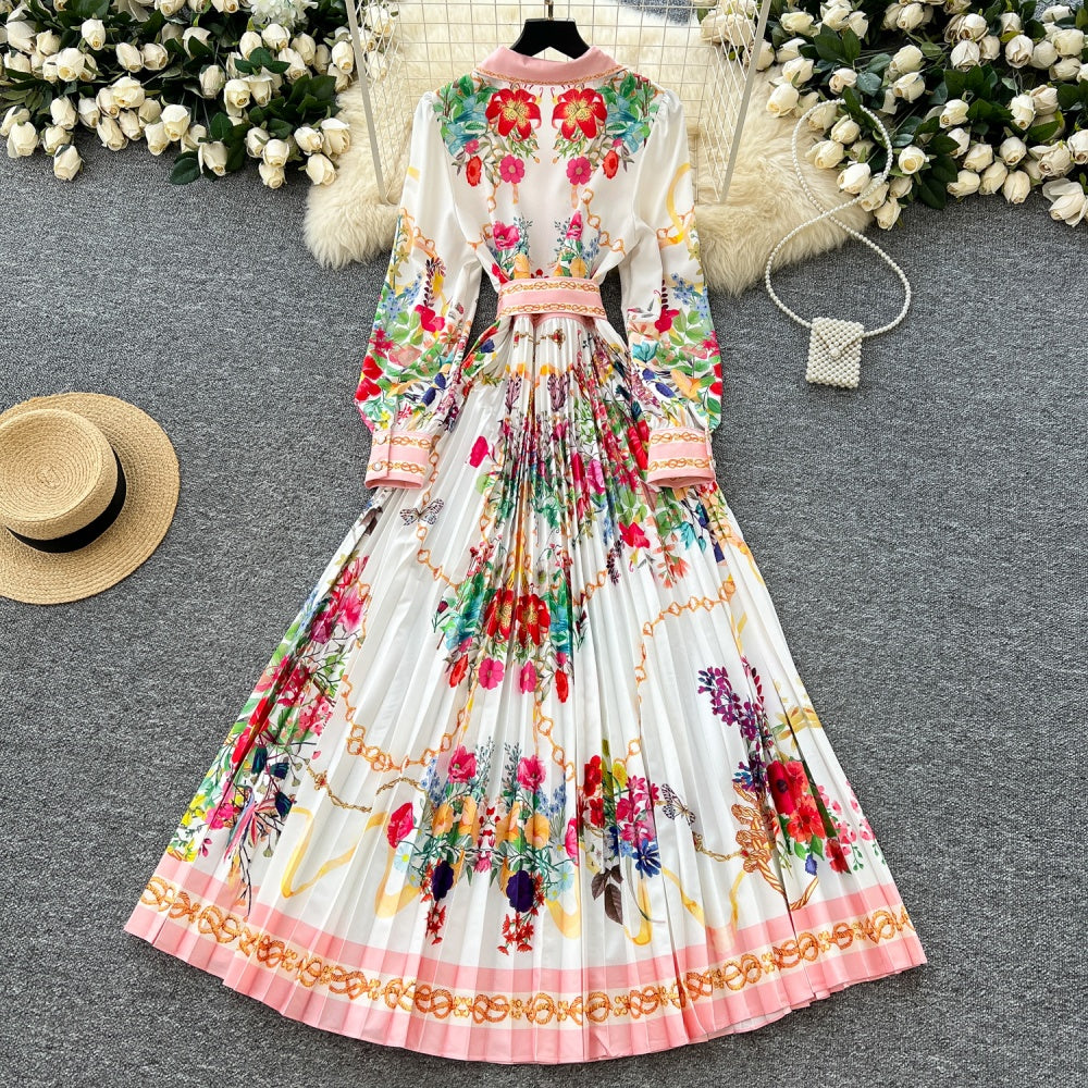 CM-DY035700 Women Elegant European Style Floral Print Lapel Neckline Long Sleeve Slim Dress