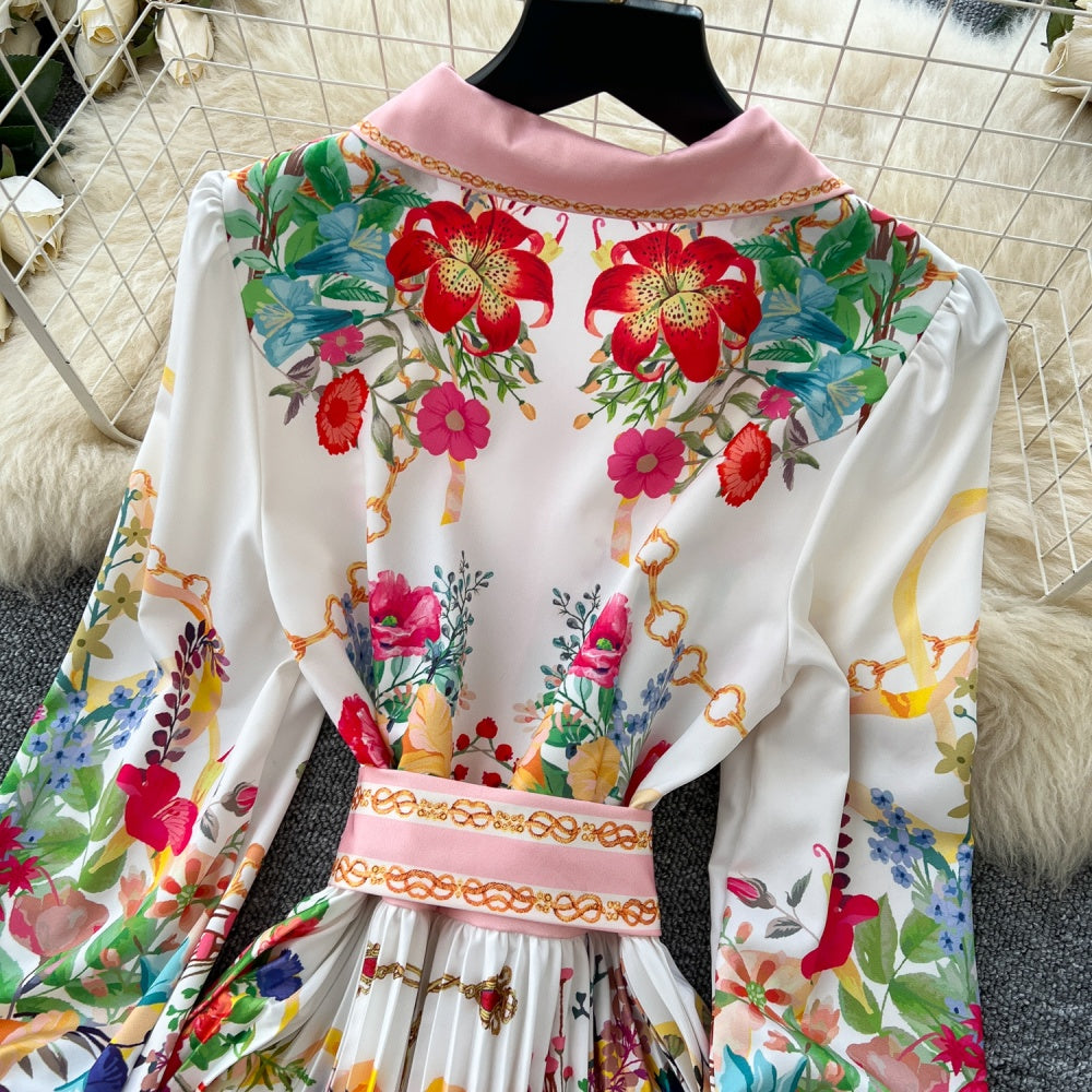 CM-DY035700 Women Elegant European Style Floral Print Lapel Neckline Long Sleeve Slim Dress