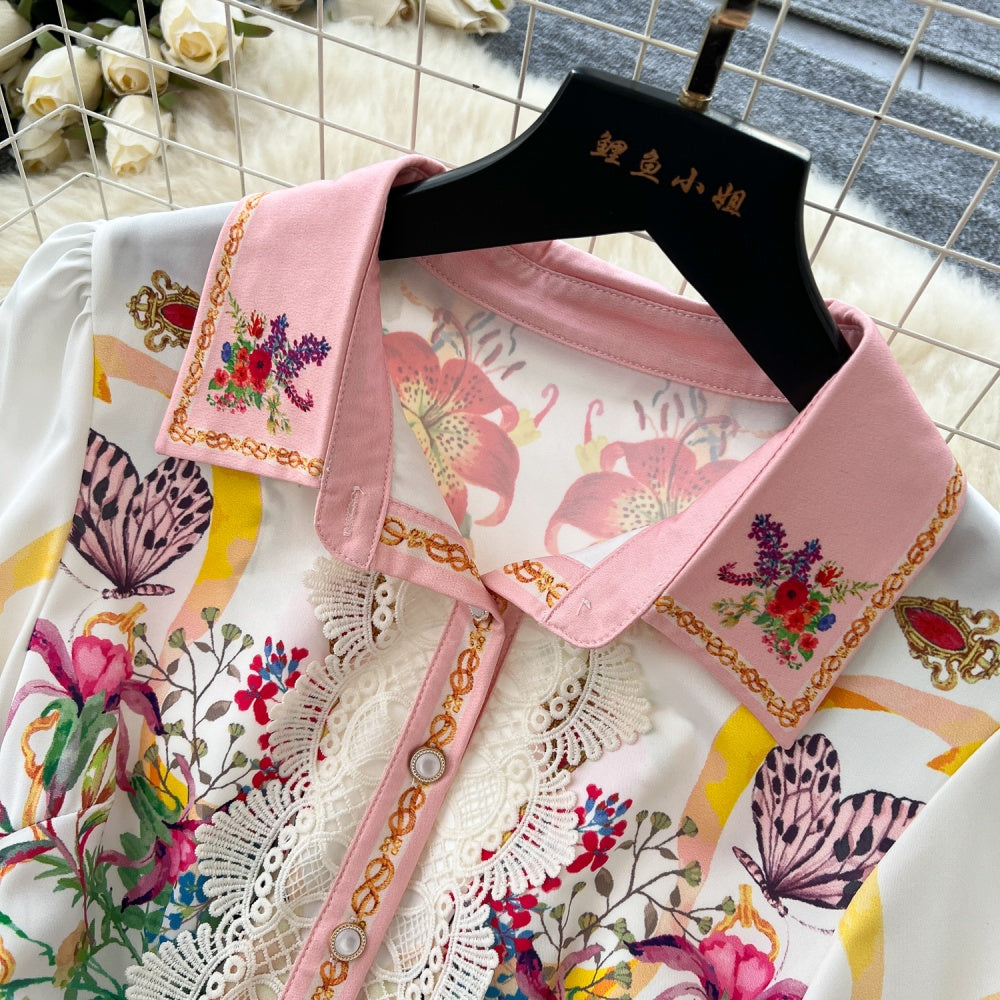 CM-DY035700 Women Elegant European Style Floral Print Lapel Neckline Long Sleeve Slim Dress