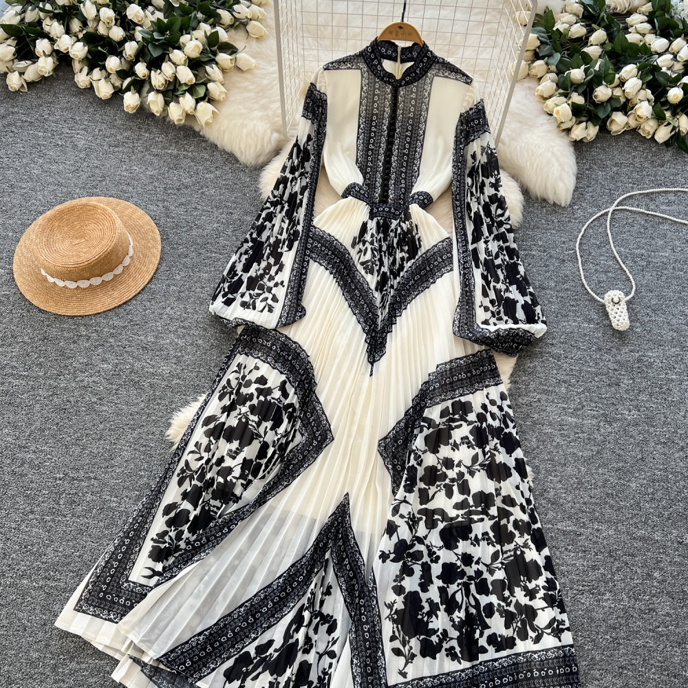 CM-DY035706 Women Elegant European Style Stand Collar Long Sleeve All-Over Print Pleats Maxi Dress