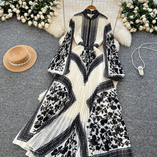 CM-DY035706 Women Elegant European Style Stand Collar Long Sleeve All-Over Print Pleats Maxi Dress
