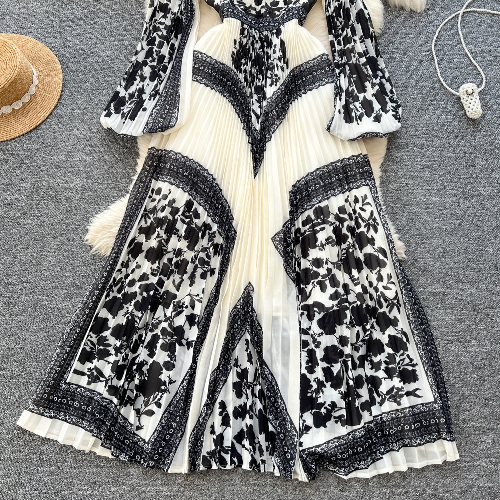 CM-DY035706 Women Elegant European Style Stand Collar Long Sleeve All-Over Print Pleats Maxi Dress
