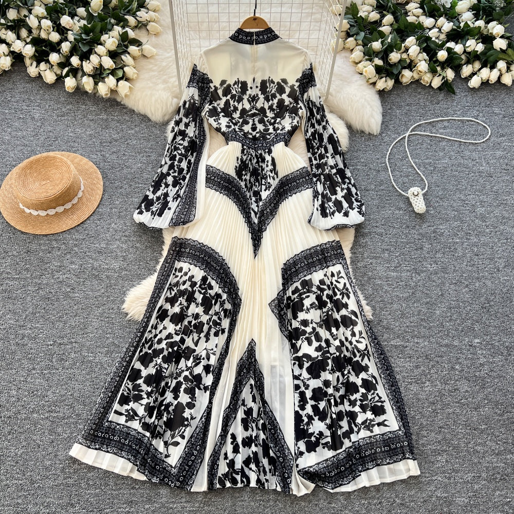 CM-DY035706 Women Elegant European Style Stand Collar Long Sleeve All-Over Print Pleats Maxi Dress