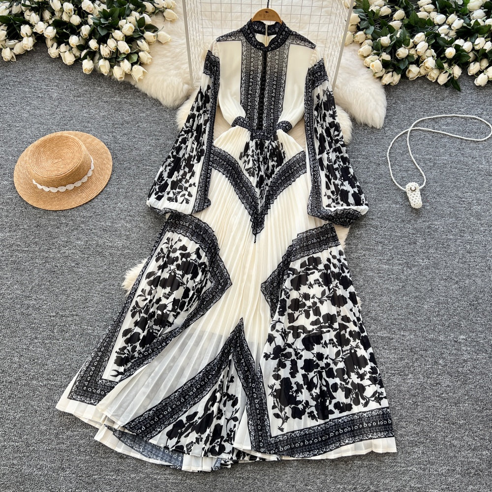 CM-DY035706 Women Elegant European Style Stand Collar Long Sleeve All-Over Print Pleats Maxi Dress