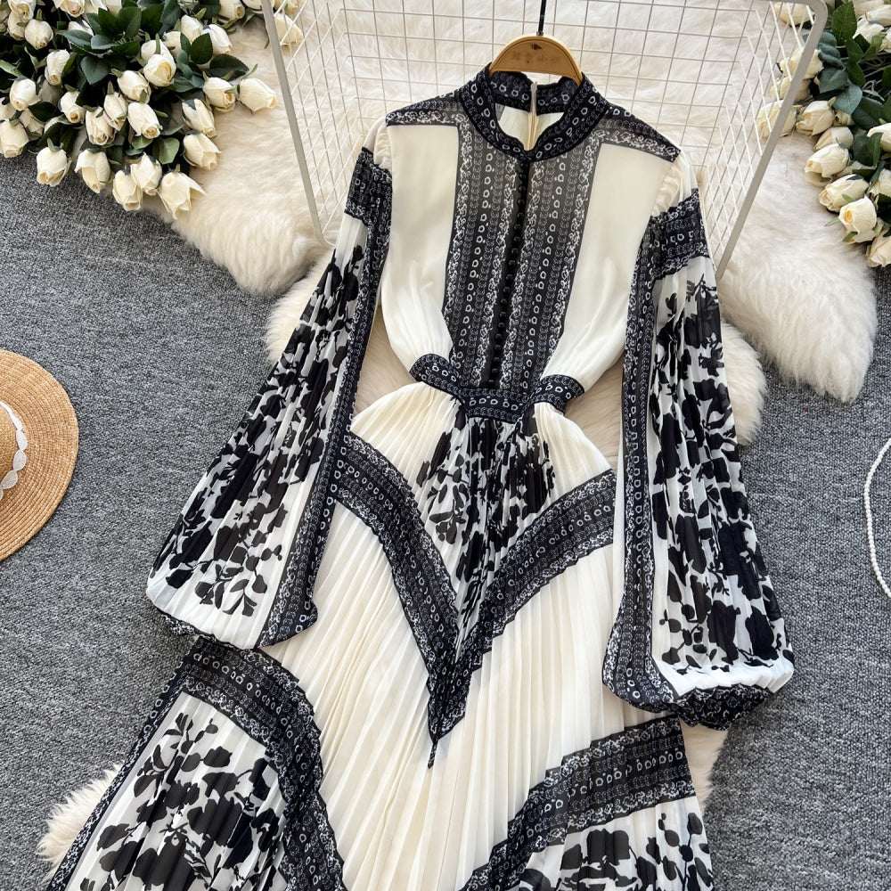 CM-DY035706 Women Elegant European Style Stand Collar Long Sleeve All-Over Print Pleats Maxi Dress
