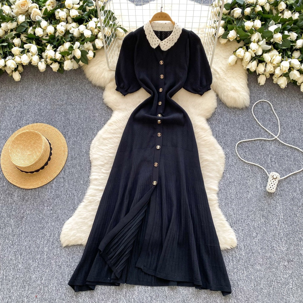 CM-DY035707 Women Casual Seoul Style Collar Neckline Short Sleeve Crimp Niche Long Dress (Available in 2 colors)