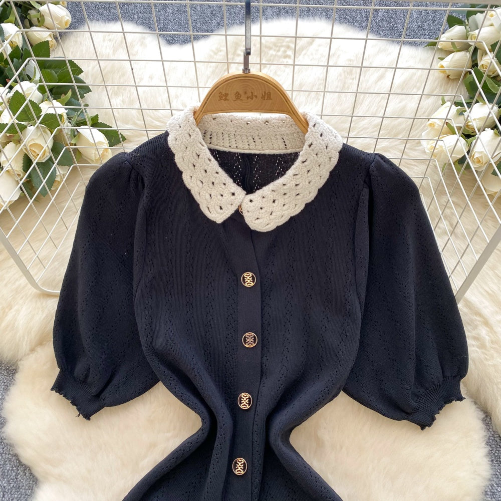 CM-DY035707 Women Casual Seoul Style Collar Neckline Short Sleeve Crimp Niche Long Dress (Available in 2 colors)