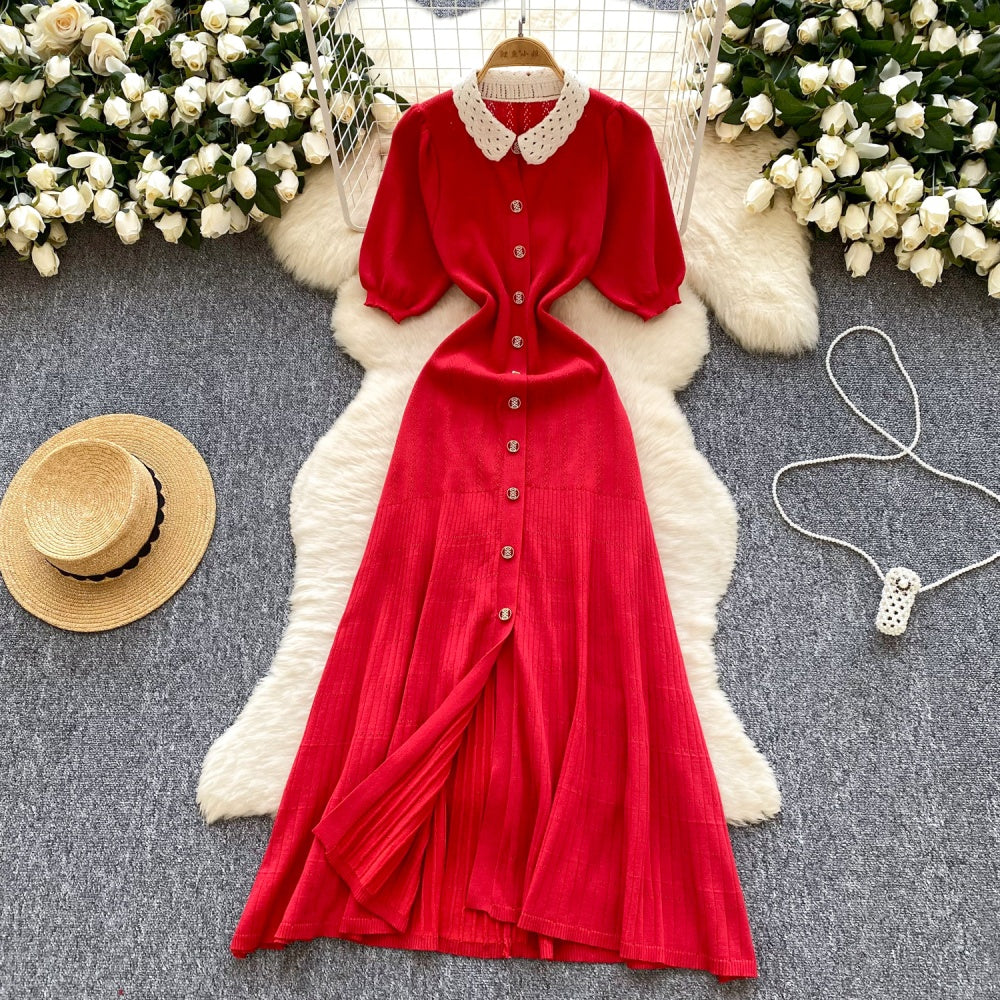 CM-DY035707 Women Casual Seoul Style Collar Neckline Short Sleeve Crimp Niche Long Dress (Available in 2 colors)
