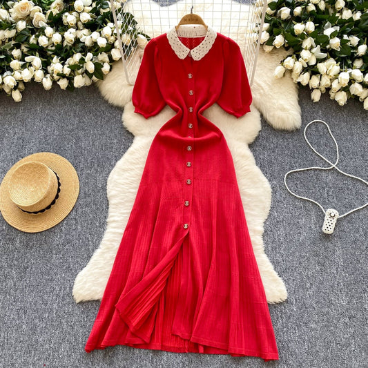 CM-DY035707 Women Casual Seoul Style Collar Neckline Short Sleeve Crimp Niche Long Dress (Available in 2 colors)