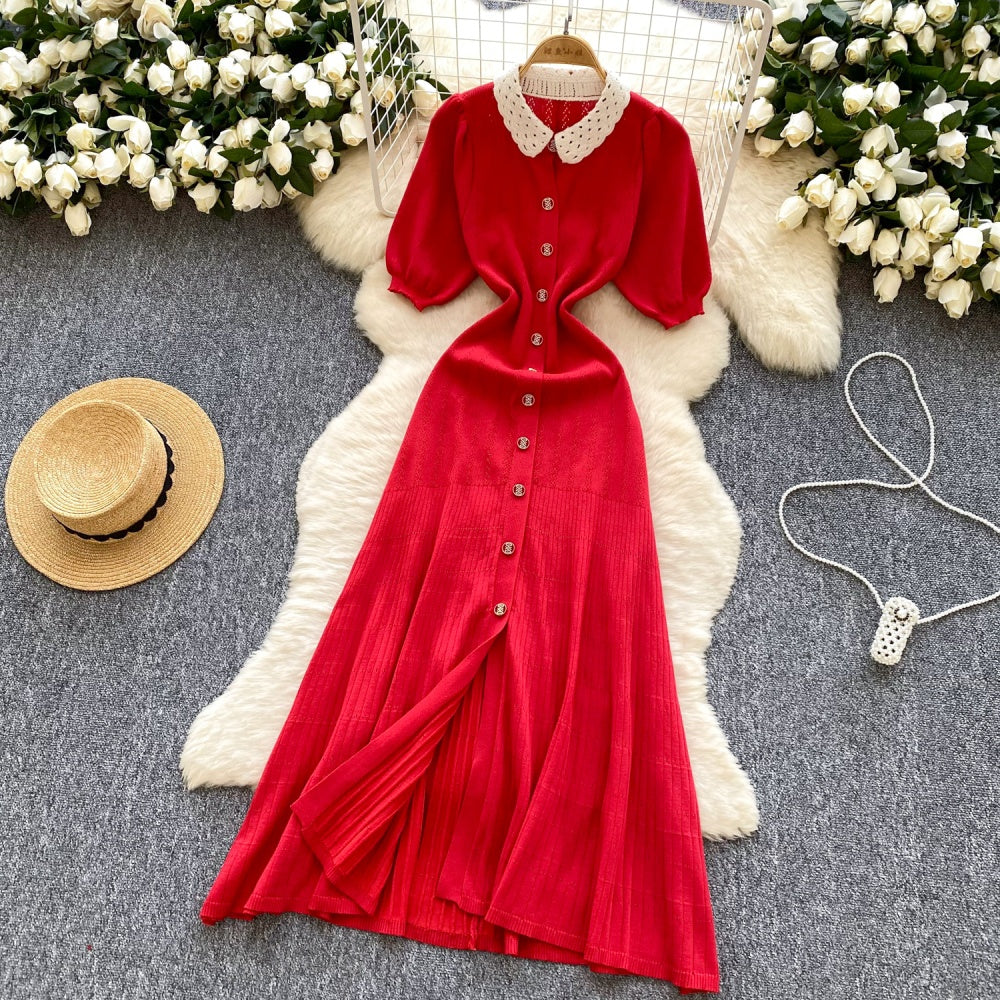 CM-DY035707 Women Casual Seoul Style Collar Neckline Short Sleeve Crimp Niche Long Dress (Available in 2 colors)