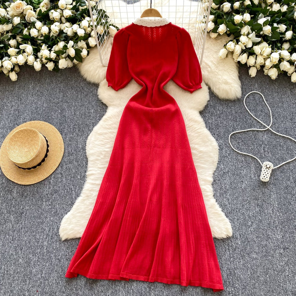 CM-DY035707 Women Casual Seoul Style Collar Neckline Short Sleeve Crimp Niche Long Dress (Available in 2 colors)
