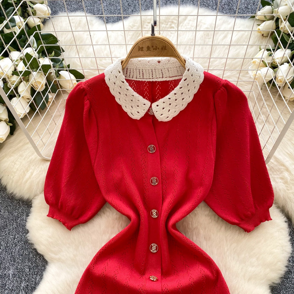 CM-DY035707 Women Casual Seoul Style Collar Neckline Short Sleeve Crimp Niche Long Dress (Available in 2 colors)