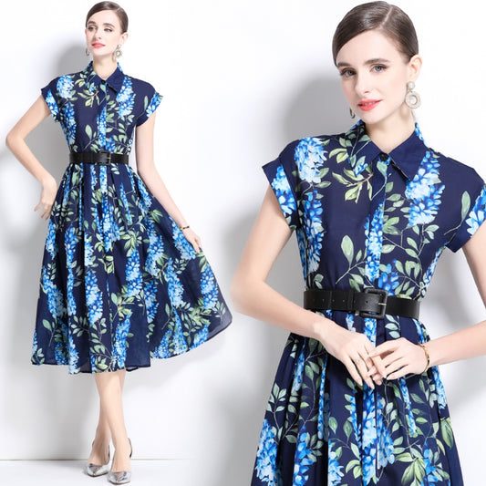 CM-DY035813 Women Elegant European Style Collar Neckline Short Sleeve Floral Print Midi Dress - Blue