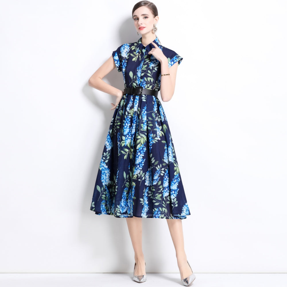 CM-DY035813 Women Elegant European Style Collar Neckline Short Sleeve Floral Print Midi Dress - Blue