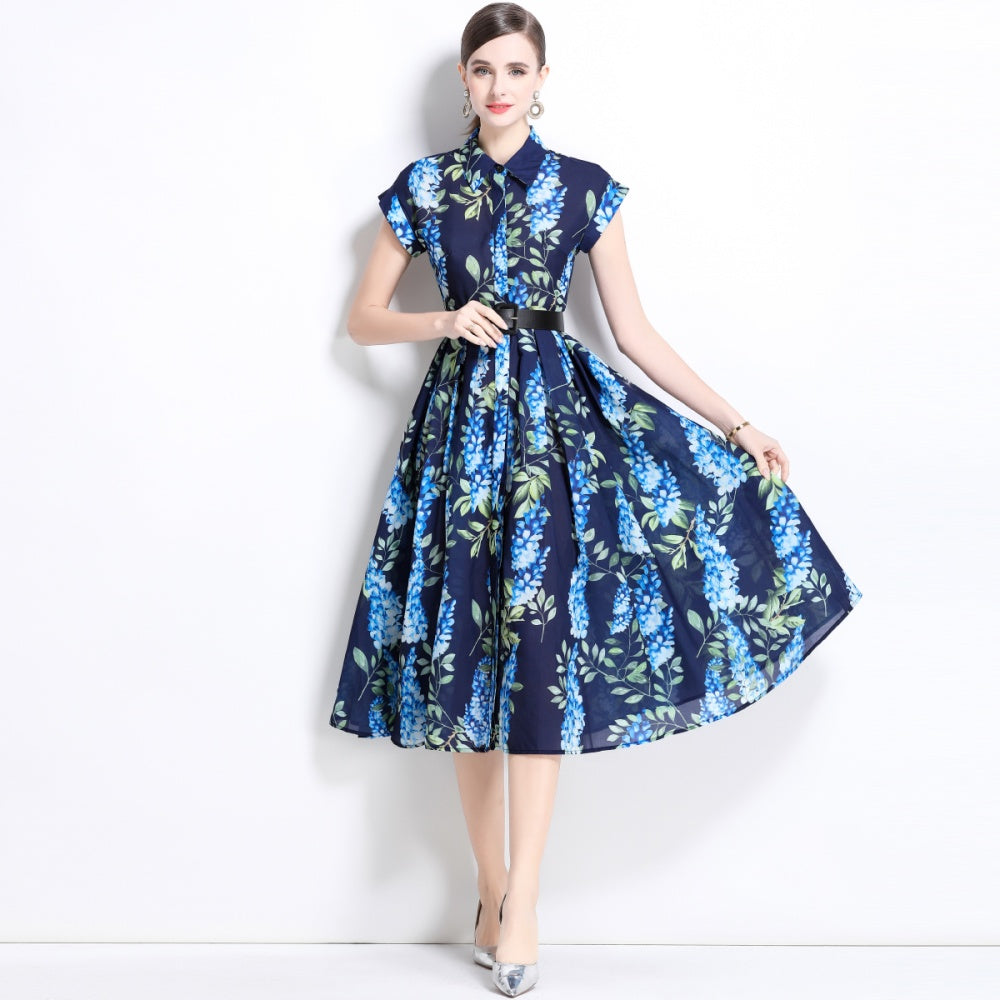 CM-DY035813 Women Elegant European Style Collar Neckline Short Sleeve Floral Print Midi Dress - Blue