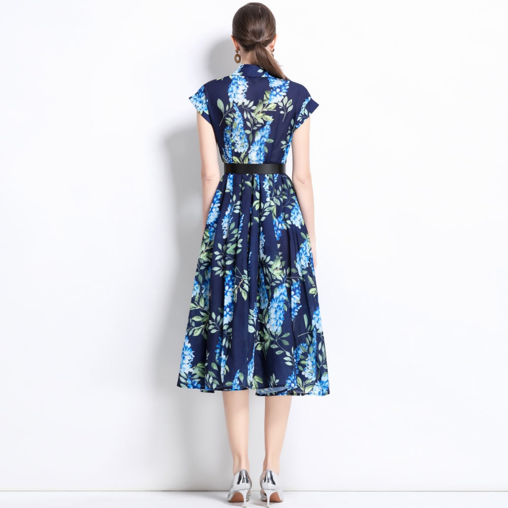 CM-DY035813 Women Elegant European Style Collar Neckline Short Sleeve Floral Print Midi Dress - Blue