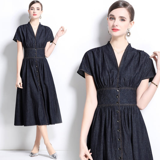 CM-DY035816 Women Elegant Seoul Style V-Neck Short Sleeve High Waist A-Line Dress - Navy Blue