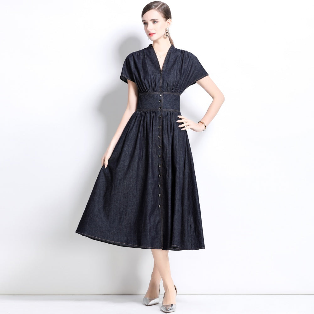 CM-DY035816 Women Elegant Seoul Style V-Neck Short Sleeve High Waist A-Line Dress - Navy Blue