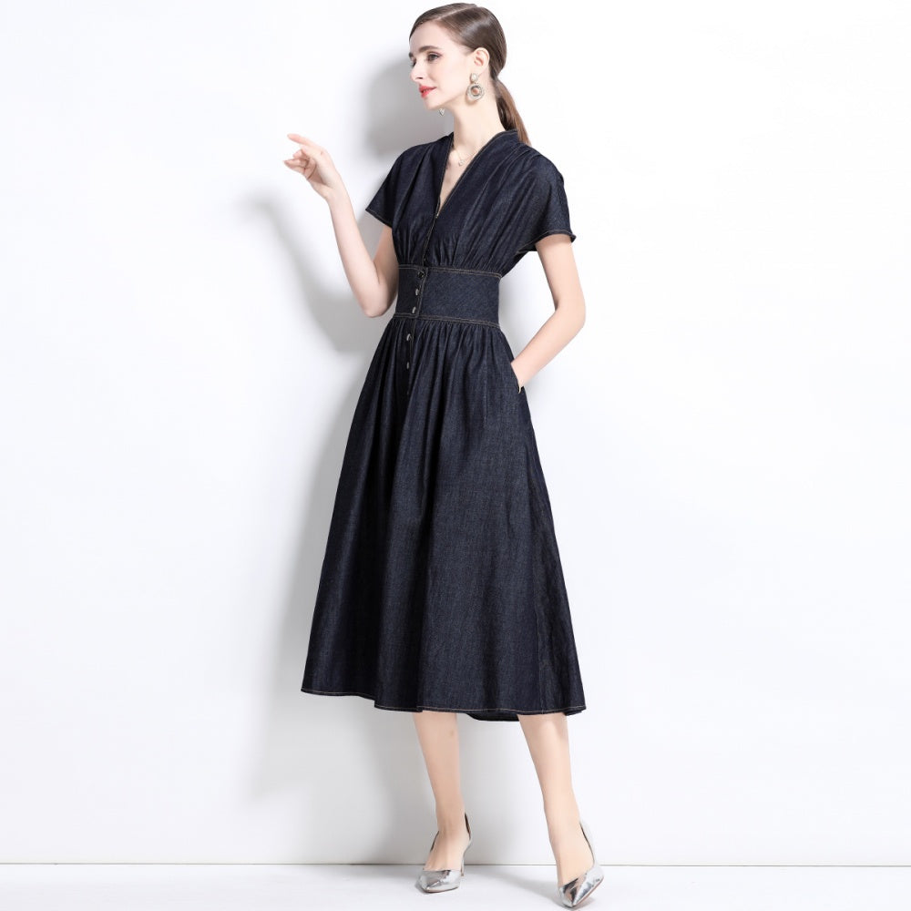 CM-DY035816 Women Elegant Seoul Style V-Neck Short Sleeve High Waist A-Line Dress - Navy Blue