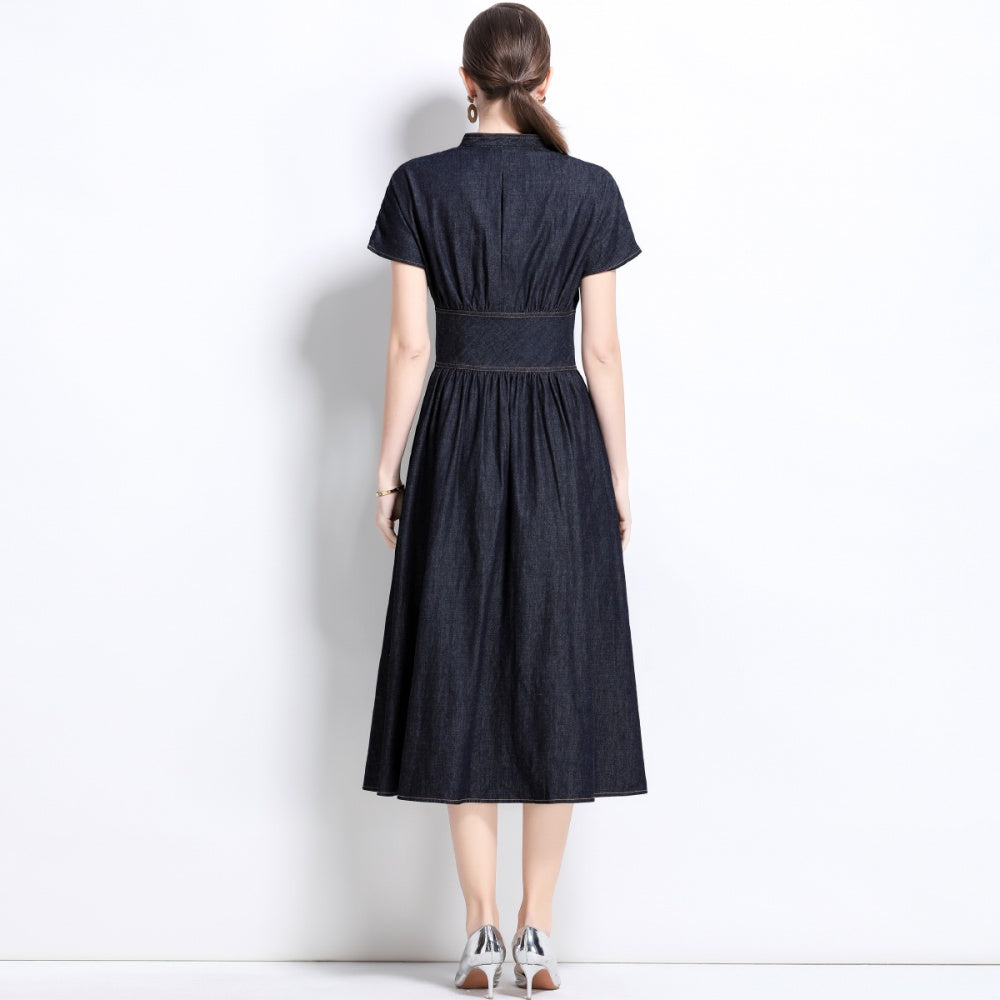 CM-DY035816 Women Elegant Seoul Style V-Neck Short Sleeve High Waist A-Line Dress - Navy Blue