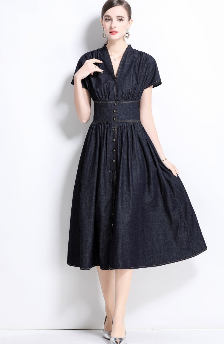 CM-DY035816 Women Elegant Seoul Style V-Neck Short Sleeve High Waist A-Line Dress - Navy Blue