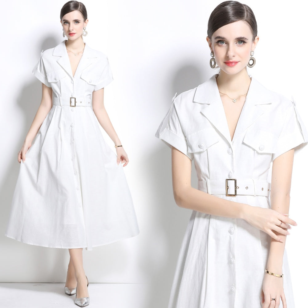 CM-DY035824 Women Elegant Seoul Style Suit Collar Short Sleeve Single Breasted Dress - White