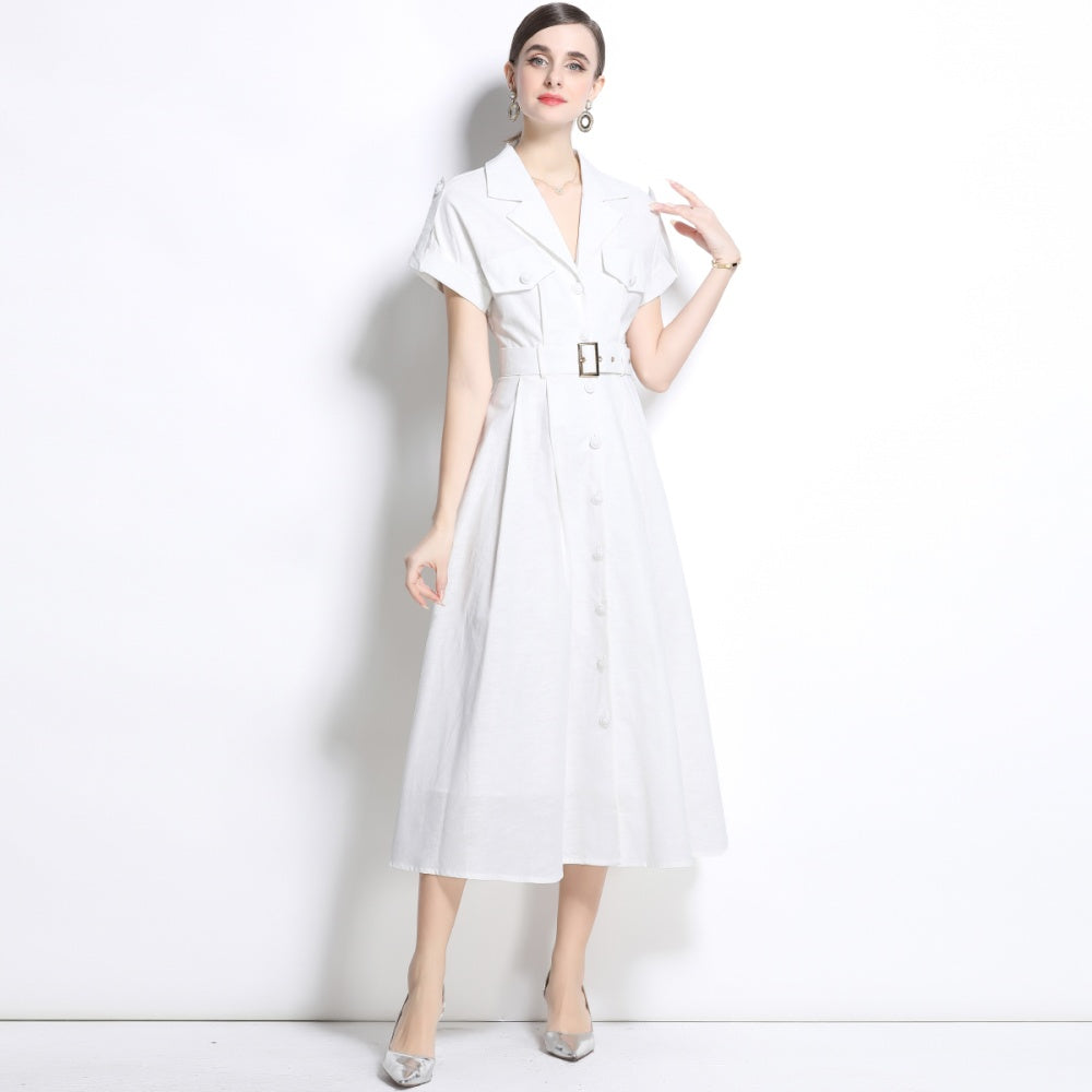 CM-DY035824 Women Elegant Seoul Style Suit Collar Short Sleeve Single Breasted Dress - White