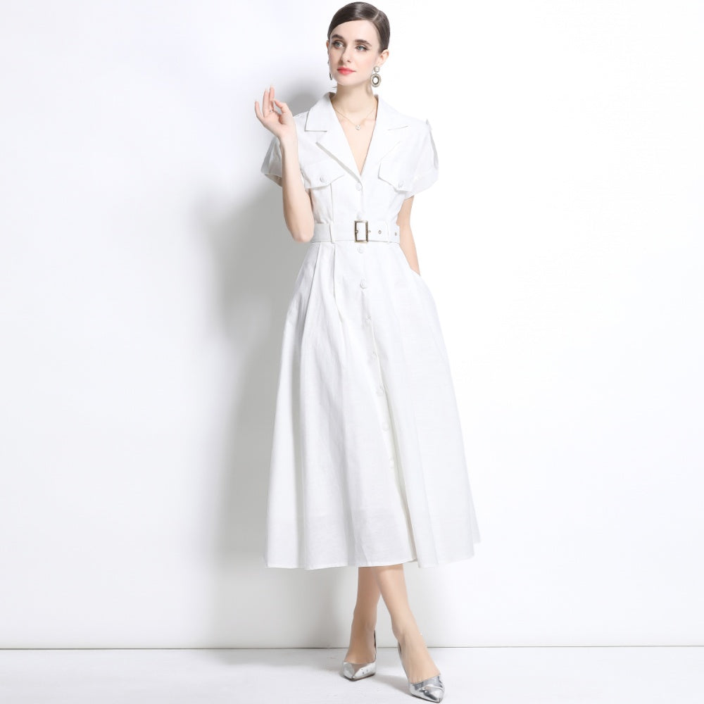 CM-DY035824 Women Elegant Seoul Style Suit Collar Short Sleeve Single Breasted Dress - White