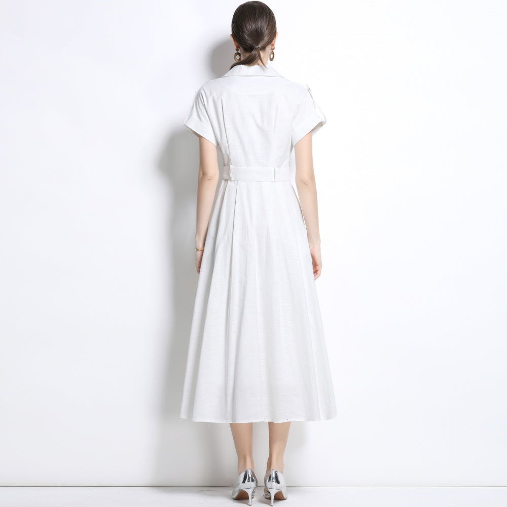 CM-DY035824 Women Elegant Seoul Style Suit Collar Short Sleeve Single Breasted Dress - White