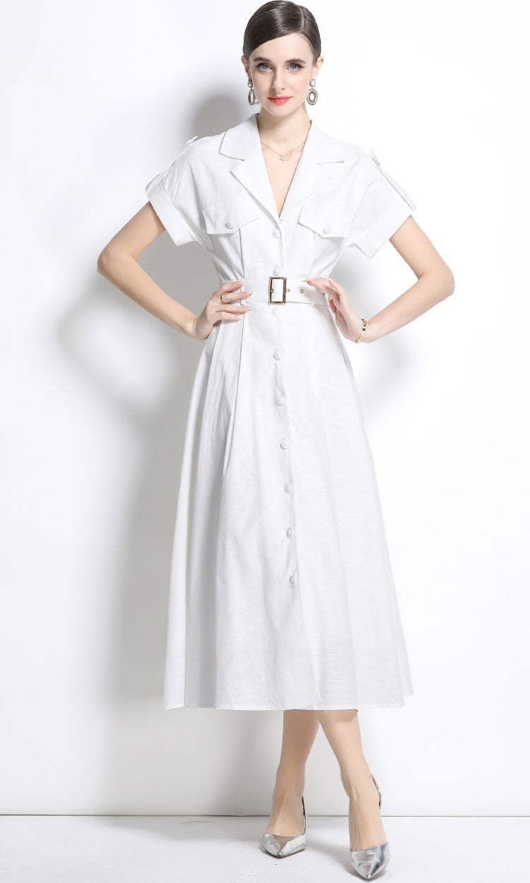 CM-DY035824 Women Elegant Seoul Style Suit Collar Short Sleeve Single Breasted Dress - White