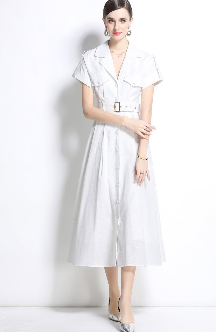 CM-DY035824 Women Elegant Seoul Style Suit Collar Short Sleeve Single Breasted Dress - White